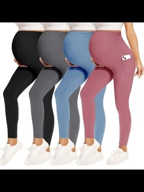 Maternity Full-Panel Pocket Leggings - Black, Gray, Blue, Rose